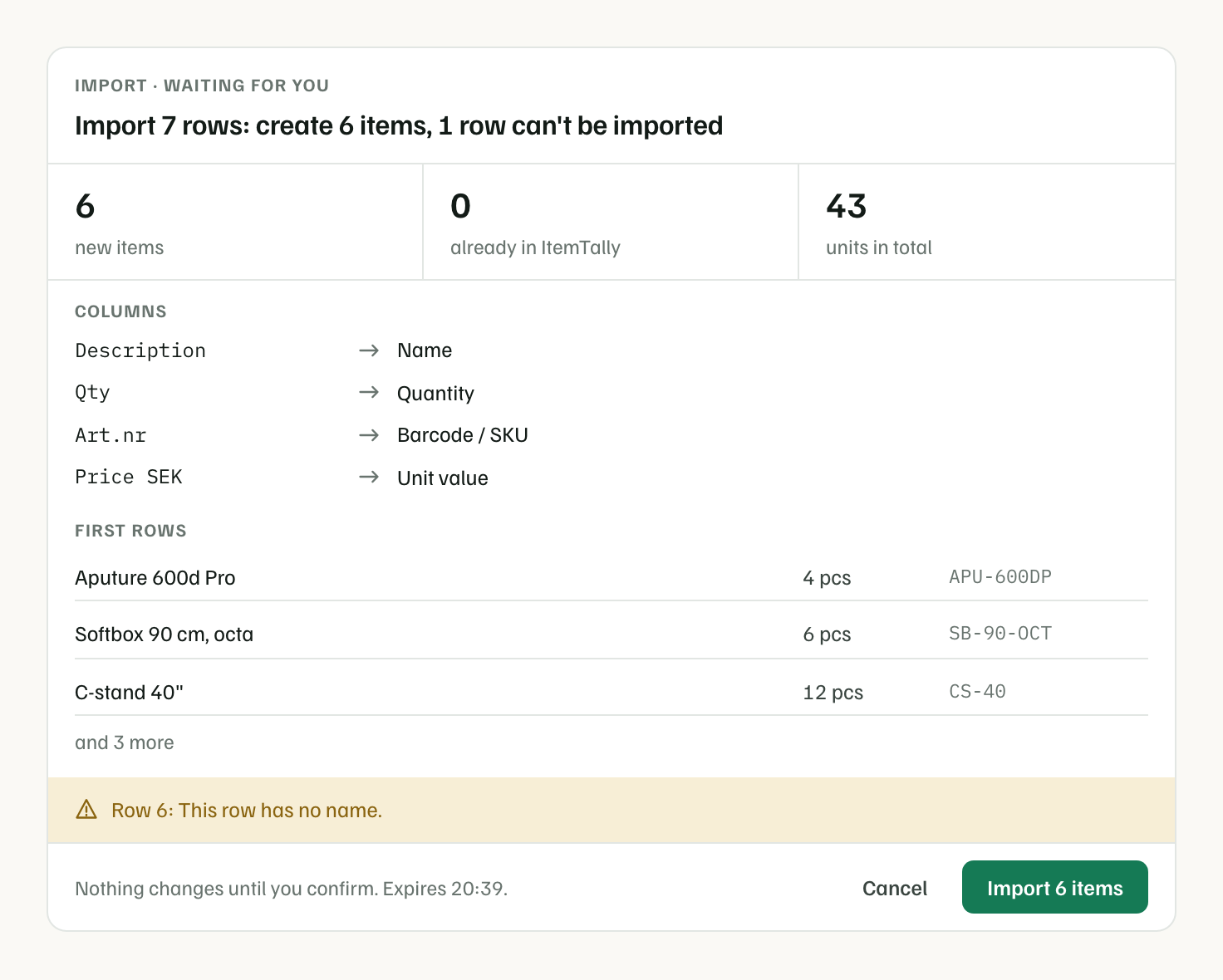 An import card: six new items, the spreadsheet's columns matched to ItemTally's fields, the first rows, and a warning about a row with no name