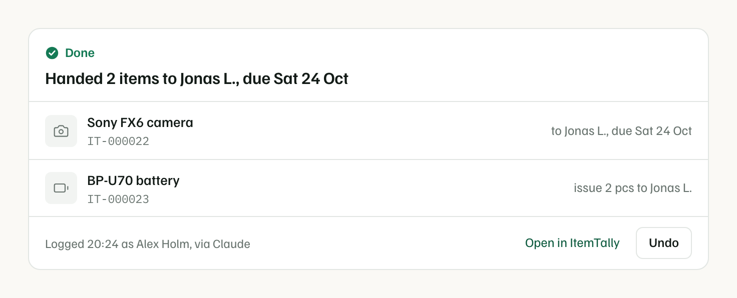 The same card after confirming: done, logged as you via Claude, with an Undo button