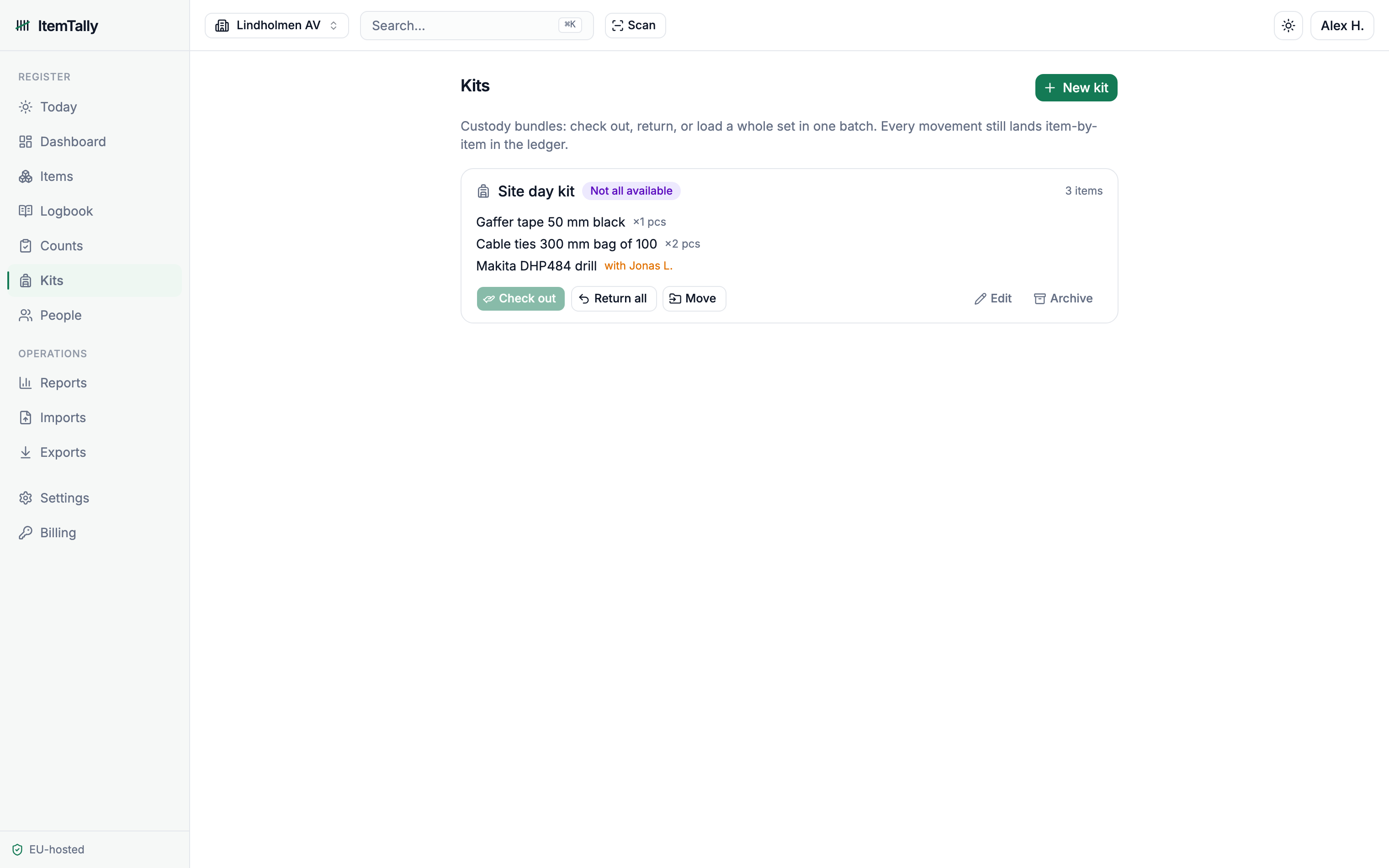 Kits: a site-day kit checked out and returned as one batch
