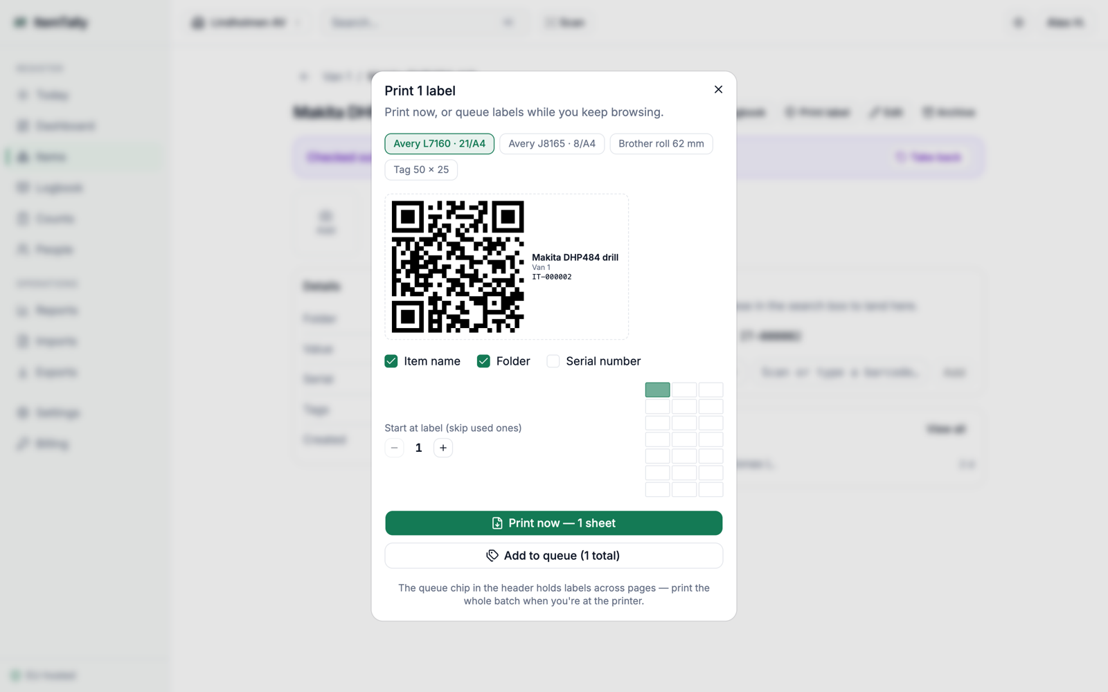 Printing a label in ItemTally - a live QR preview, Avery sheets or Brother rolls, and which cell on the sheet to start at.
