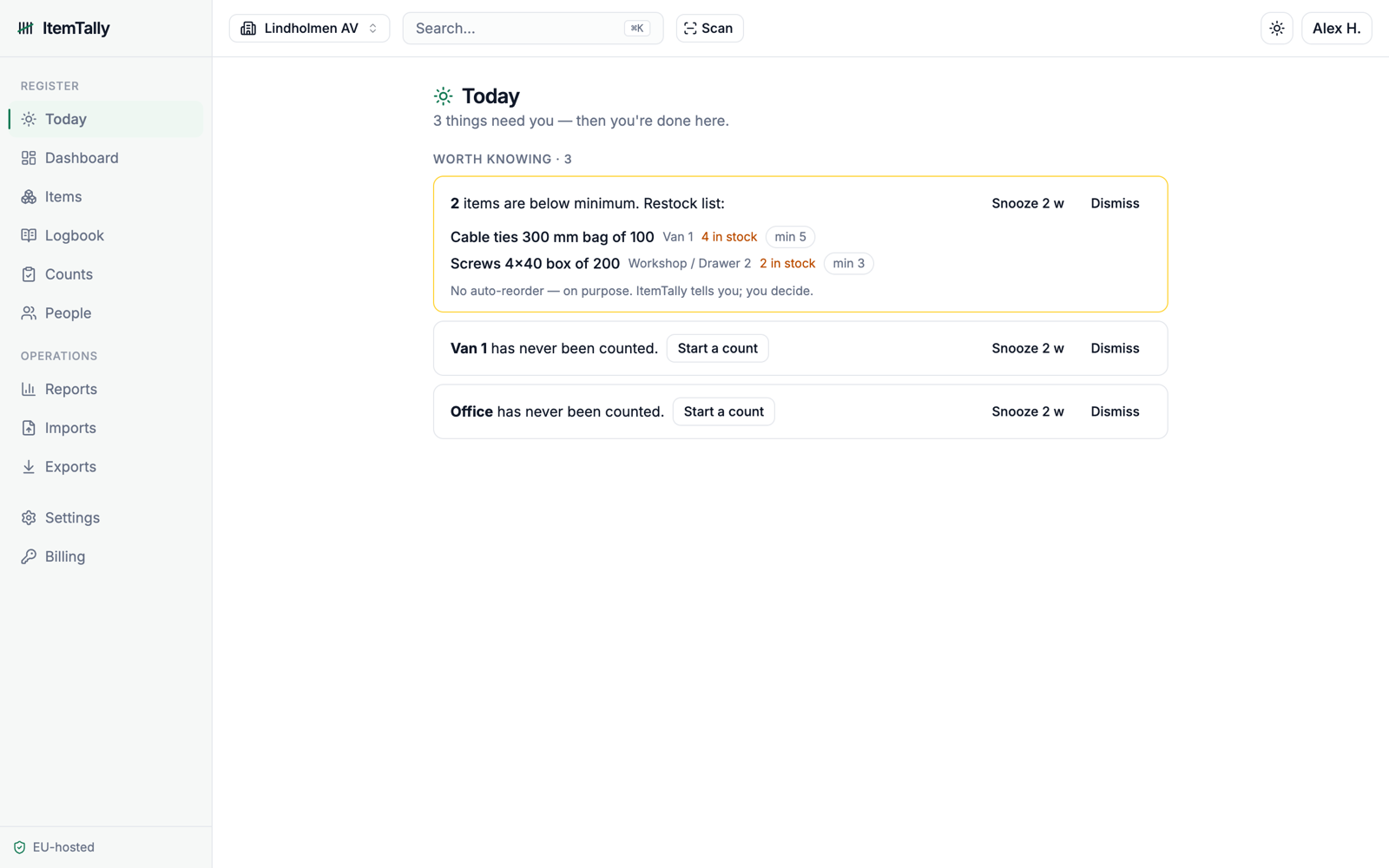 The Today page - consumables below their reorder point, so you restock before the job, not after.